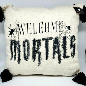 Place and Time Halloween Throw Pillow with Tassels "Welcome Mortals"